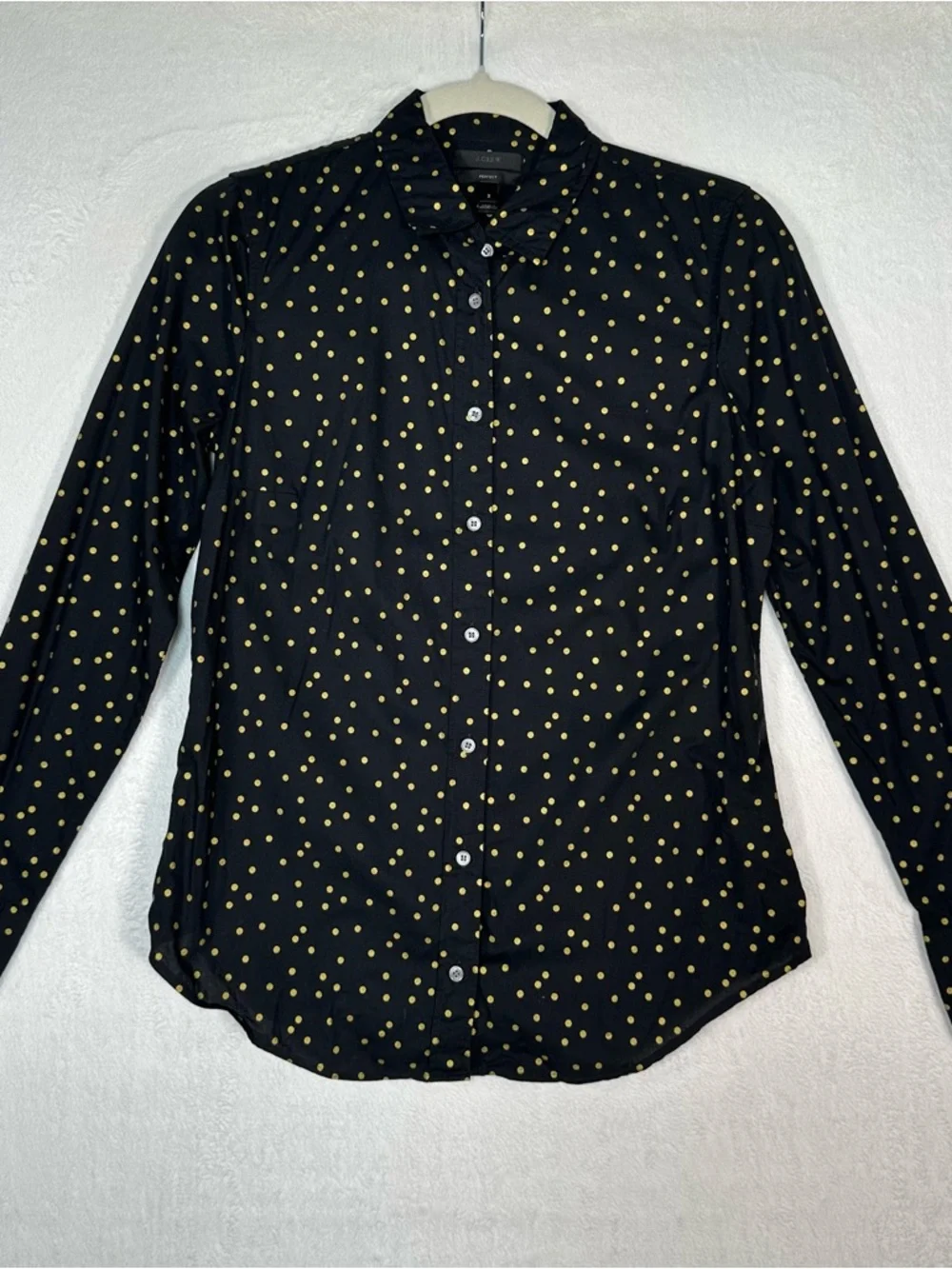 J.Crew Perfect Shirt Women’s 2 Black Gold Foil Polka Dot Cotton Blouse Metallic‎
